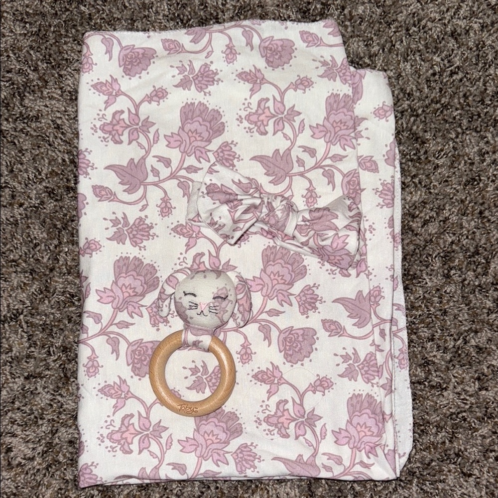 Floral Baby Swaddle Blanket with Teether and Bow